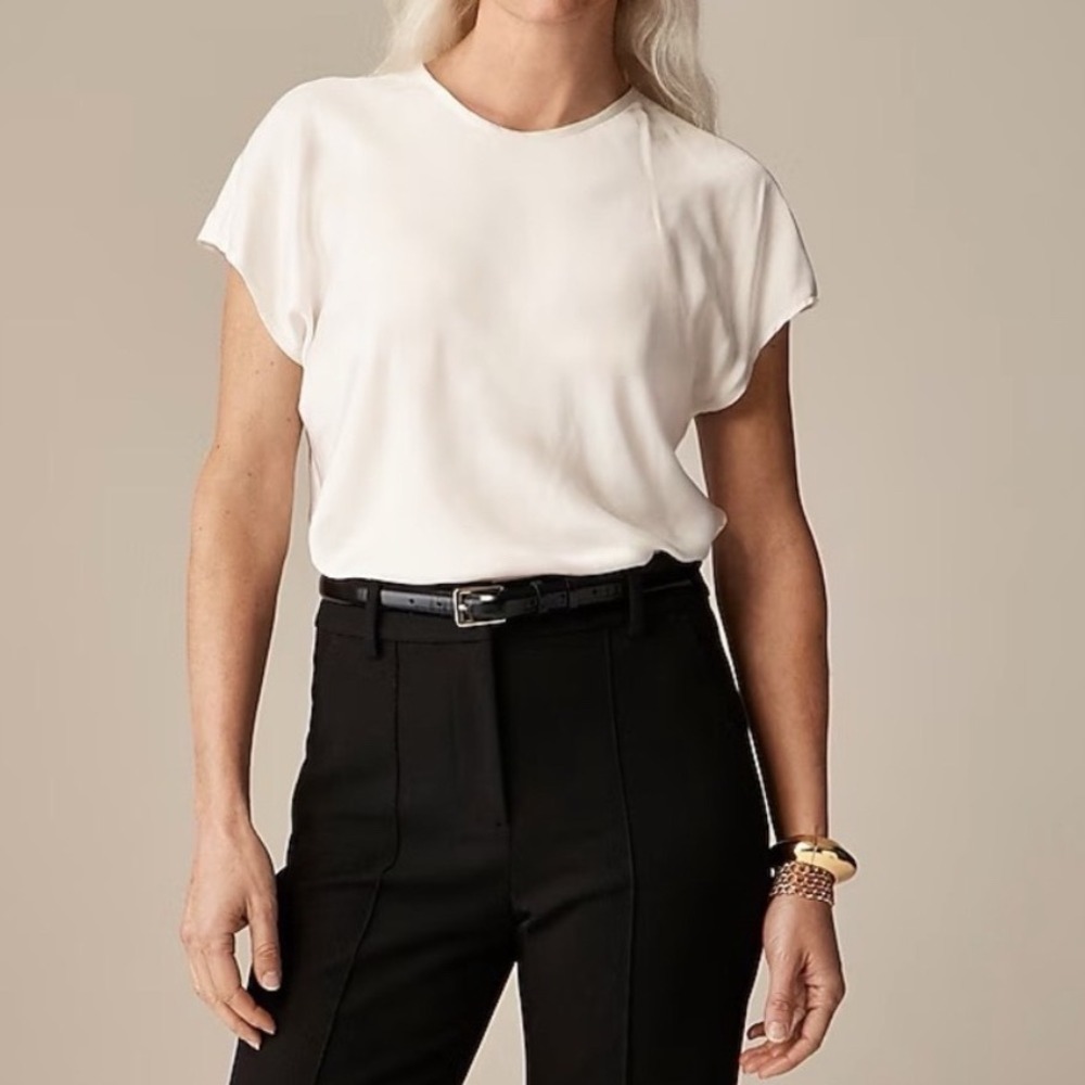 J. Crew Ivory Drapey‎ Satin Cap Sleeve T Shirt Top - Small